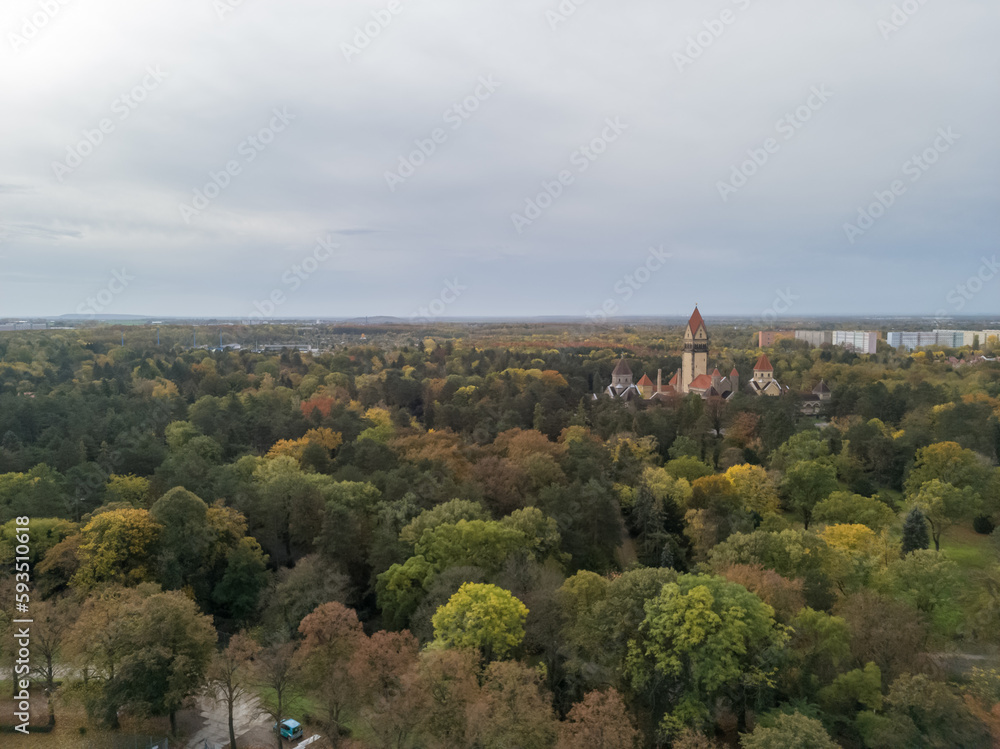 High angle view of Leipzig city in Germany. Panorama of the greenery during autumn season. High angle view of Leipzig city in Germany. Panorama of the greenery during autumn season.