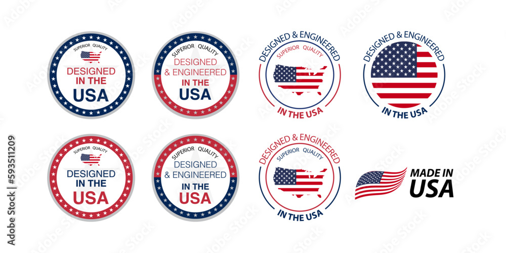 Designed and engineered in the USA. Made in the USA (United States of America). Composition with an American flag for Label, badge, pin, banner, poster, and flyer. Vector.