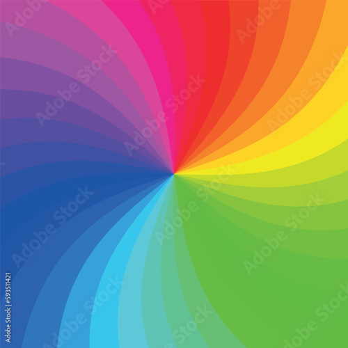 Rainbow spiral rays radial background. Vector