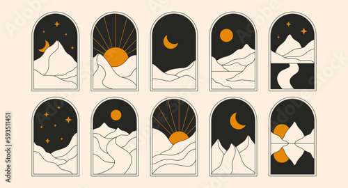 Minimalist boho landscape frames. Contemporary desert mountain moon sun elements for logo icon, art decor tattoo. Vector set