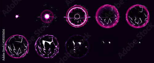 Magic electric lightning ball animation sprite for game vector design. Pink thunder energy attack fx set for video explosion. Special frame element for powerful weapon explode or wizard spell.