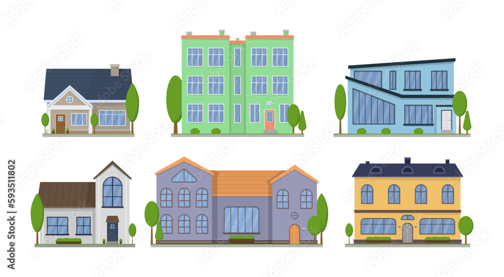 Home facade with doors and windows. Suburban American house exterior flat design front view with roof and some trees. Apartment in a townhouse. Modern buildings in a flat style. Vector illustration.