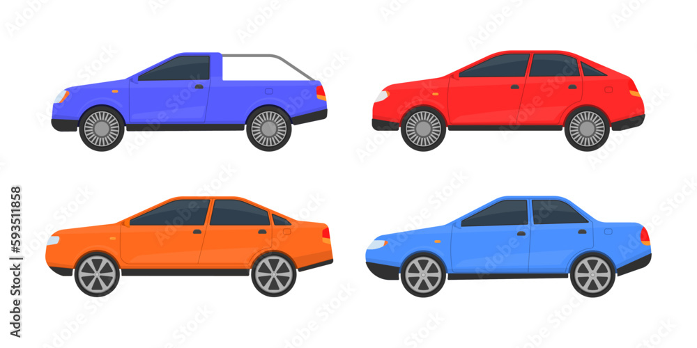 Urban, city cars and vehicles transport. Set of cars of different colors. A large set of different automobile models on white background. Flat vector illustration, icon for graphic and web design.