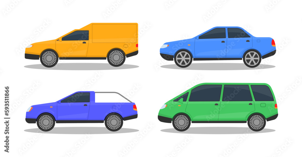 A large set of different automobile models on white background. Urban, city cars and vehicles transport. Set of cars of different colors.  Flat vector illustration, icon for graphic and web design.