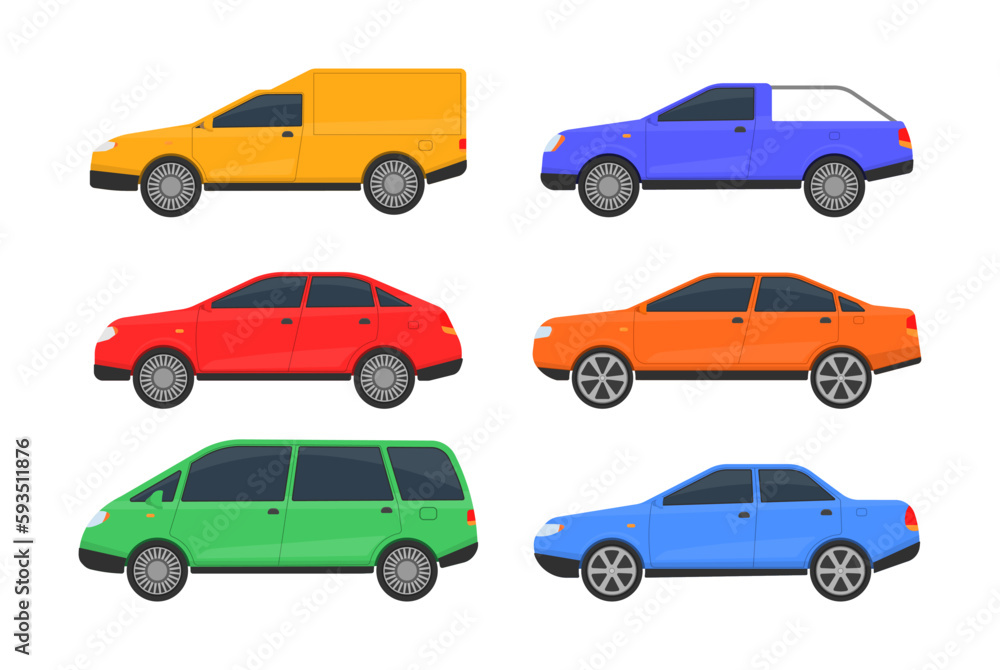 Urban, city cars and vehicles transport. Set of cars of different colors. A large set of different automobile models on white background. Flat vector illustration, icon for graphic and web design.