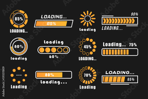 A set of indicators isolated on black background. Web design template, loading interface. Loading bar progress icons, load sign. System software update and upgrade concept. Vector illustration.