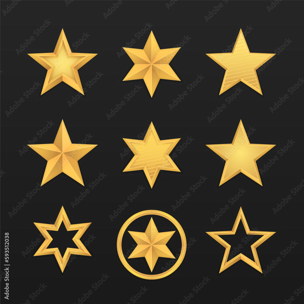 Set of realistic golden 3D star. Glossy Christmas yellow 3D star trophy icon. Leadership symbol. Design elements for holidays. Shiny yellow metal badge or medal template. Vector illustration, eps 10. Set of realistic golden 3D star. Glossy Christmas yellow 3D star trophy icon. Leadership symbol. Design elements for holidays. Shiny yellow metal badge or medal template. Vector illustration, eps 10.