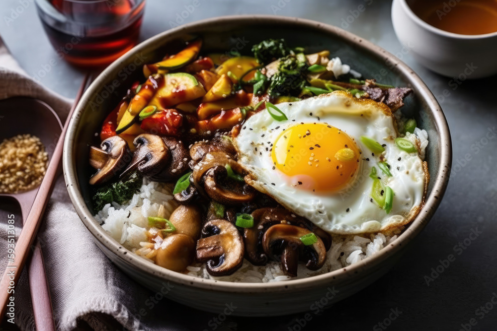 Japanese-inspired rice bowls - Generative AI illustration Japanese-inspired rice bowls - Generative AI illustration