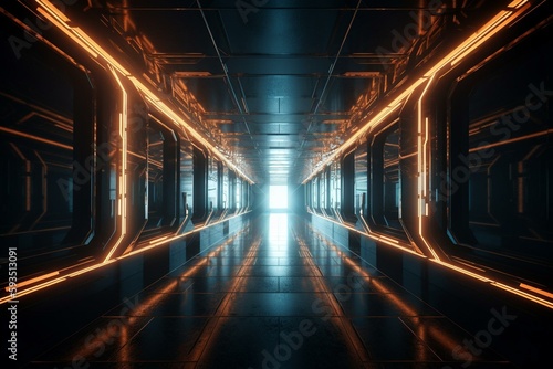 Futuristic empty space corridor with glow light and reflection. Abstract background sci-fi or science concept. 3D Render. Generative AI
