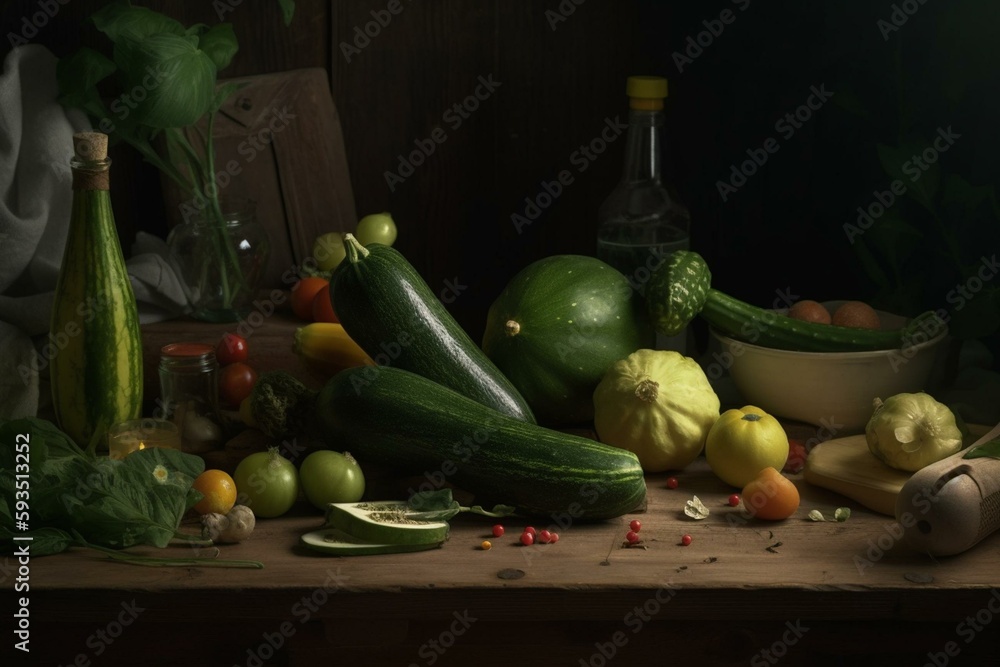Lebensmittelspende Tafel: Ehrenamtliche Frau mit Handschuhen packt Obst und Gemüse wie frische Zucchini in grüne Kisten für die Verteilung an Bedürftige - selektiver Fokus. Generative AI - obrazy, fototapety, plakaty 