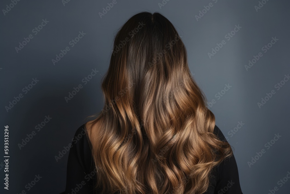 Obraz premium woman from behind with wonderful long hair that is freshly dyed balayage, ideas for hairstylists - Generative AI