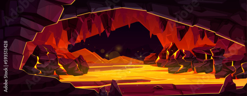 Hell cave with lava and volcano stone crack vector landscape. Molten hot magma scene with flame in mountain cavern underground. Game adventure tunnel design. Mysterious fantasy place with nobody