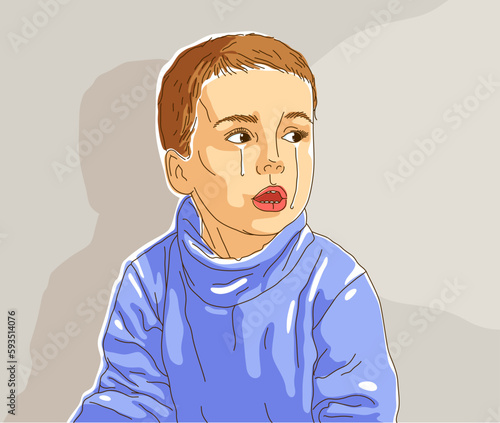 Crying little boy kid unhappy and emotional in tantrum vector illustration, cute child is crying with tears.