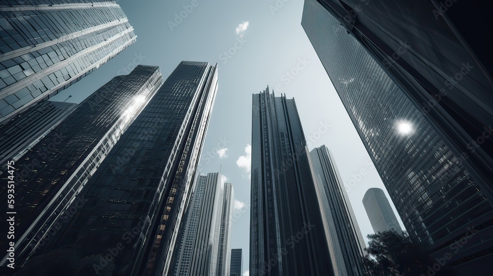 Bottom view of modern skyscrapers in business district. Generative Ai. Bottom view of modern skyscrapers in business district. Generative Ai.