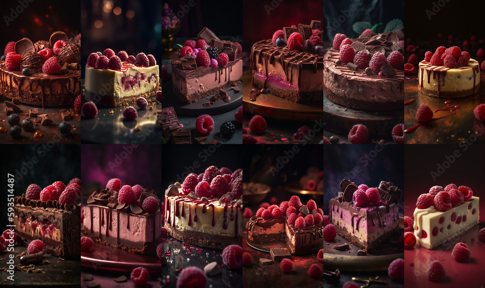 Set of various cheesecake with chocolate and raspberries. Illustration of delicious food
