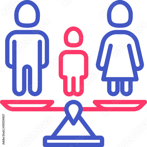 Family court thin line icon, parents on scales and child between them. Modern vector illustration of divorce.