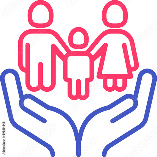 Adoptive parents thin line icon, family with child in human hands. Symbol of family protection and safety. Modern vector illustration for custody.