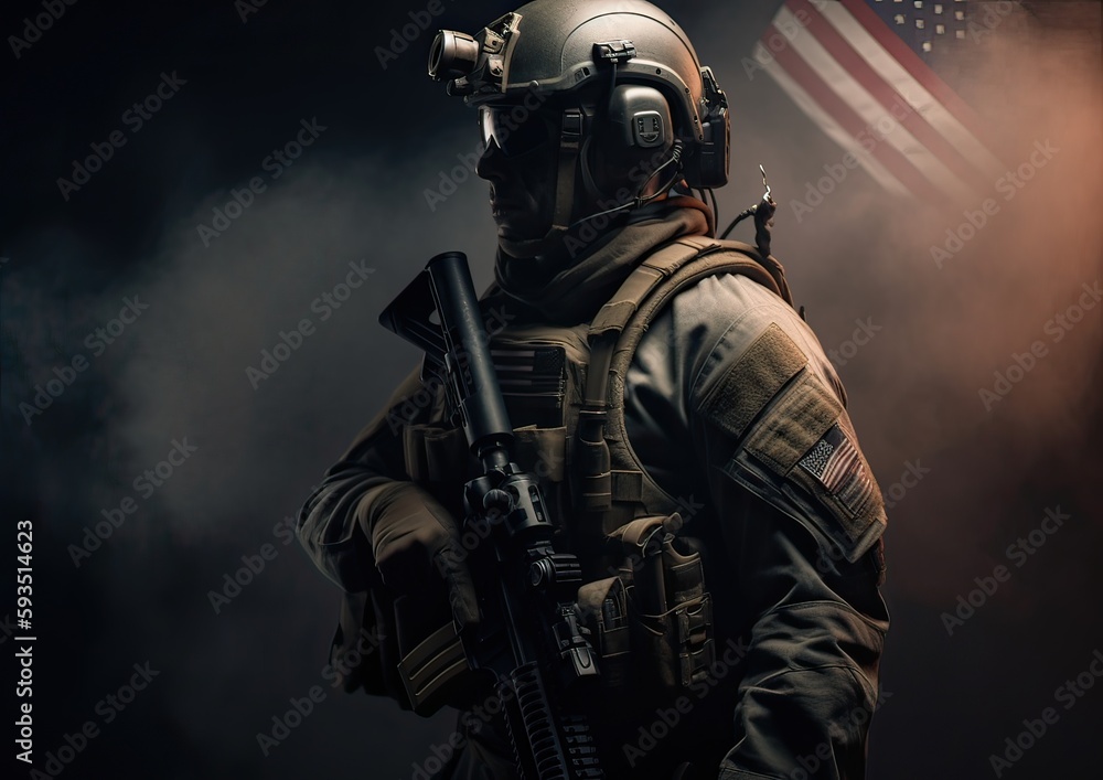 4th of July concep. portrait of A soldier in front of a flag of the USA. The soldier with the gun in front of a flag. portrait soldie standing in front of usa flag. Non-existent person. Generative Ai 4th of July concep. portrait of A soldier in front of a flag of the USA. The soldier with the gun in front of a flag. portrait soldie standing in front of usa flag. Non-existent person. Generative Ai
