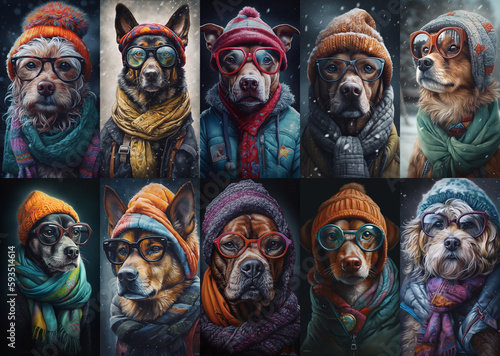 Set of portraits with cute various dog with winter clothes. Modern closeup portrait in winter background
