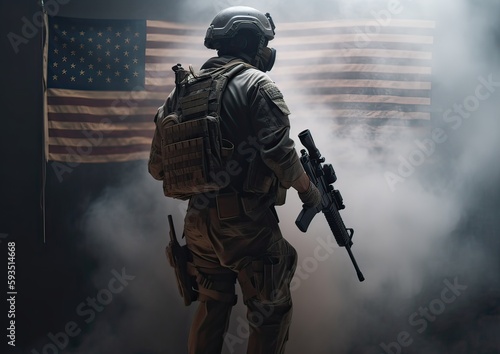 4th of July concep. portrait of A soldier in front of a flag of the USA. The soldier with the gun in front of a flag. portrait soldie standing in front of usa flag. Non-existent person. Generative Ai