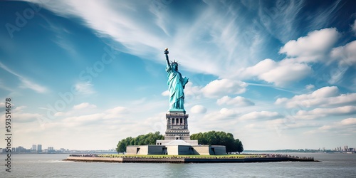 The Statue of Liberty free of tourists and New York City Downtown. Generative Ai.