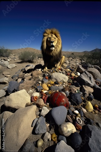 Lion sitting on the rocks in a desert
