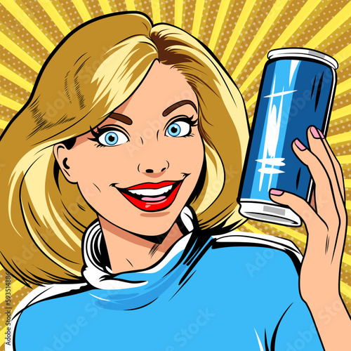Beautiful blonde fashion model drinks and demonstrates sweet carbonated drink, energy drink or beer, vintage pop art comic style, vector illustration