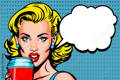Beautiful blonde fashion model drinks sweet carbonated drink with speech bubble, vintage pop art comic style, vector illustration