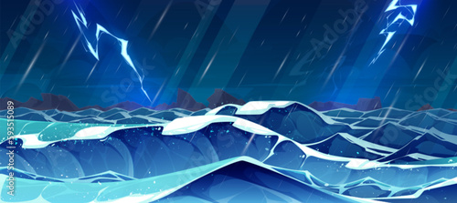 Cartoon stormy seascape with heavy rainfall and lightning strikes. Vector illustration of sea or ocean surface with huge waves, night storm, hurricane wind and thunderstorm. Rocky island on horizon