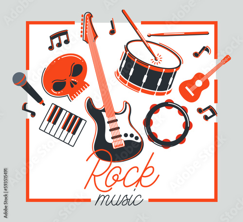 Rock music band vector poster flat illustration isolated over white background, hard rock and heavy metal live sound festival or concert flyer or advertising banner, rock n roll musical band playing.