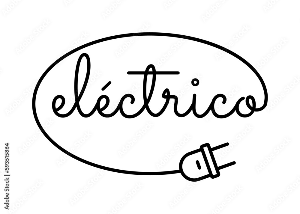 Logo energía eléctrica. Letras de la palabra eléctrico en texto manuscrito en español con forma de cable lineal con enchufe eléctrico formando un óvalo Logo energía eléctrica. Letras de la palabra eléctrico en texto manuscrito en español con forma de cable lineal con enchufe eléctrico formando un óvalo