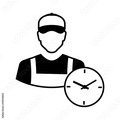 Horario servicio técnico. Hora de trabajar. Hombre con ropa de trabajo y gorra de béisbol con esfera de reloj