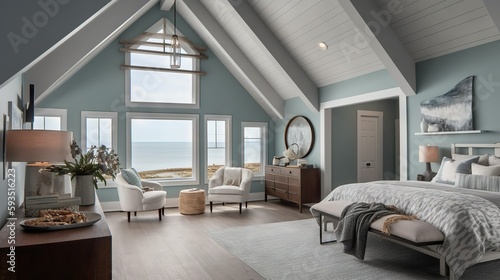 Serene Coastal-Themed Bedroom with Soothing Gray and Blue Palette