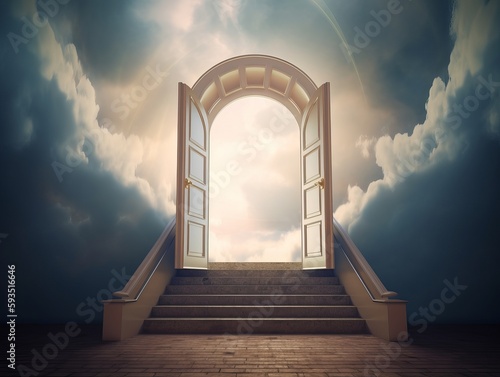 Illustration of a door to heaven in the sky with clouds and sunlights. Generative ai photo