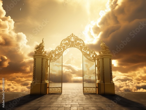 Illustration of a golden gate of heaven, with sunlight and epic clouds in the sky. Generative ai