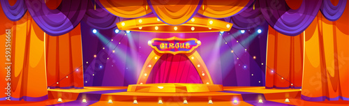 Circus cartoon stage with ring vector background. Carnival tent with round arena scene, amusement show. Yellow theater curtain with podium and spotlight illustration. Vintage marquee perform platform