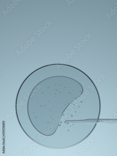 3D product display cosmetic background with blue glass lab and liquid bubble, molecule inside.3d rendering