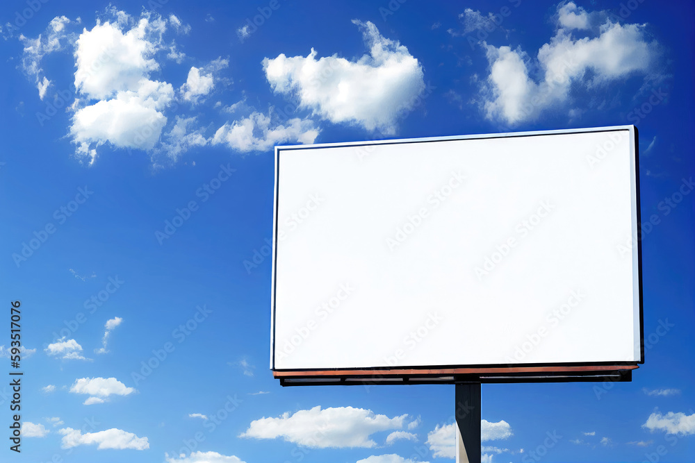 Blank billboard on blue sky with white clouds for advertisement background, ai generation Blank billboard on blue sky with white clouds for advertisement background, ai generation