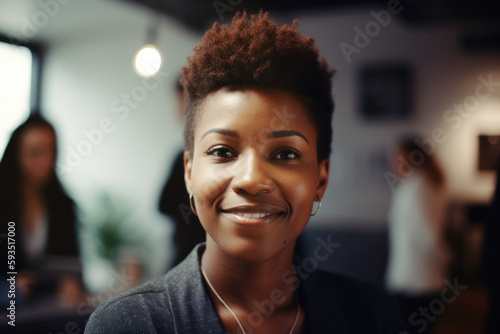 Smiling black business woman portrait waiting in room with work team. generative ai.