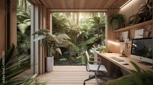 Nature-Inspired Workspace with Lush Greenery and Wooden Accents
