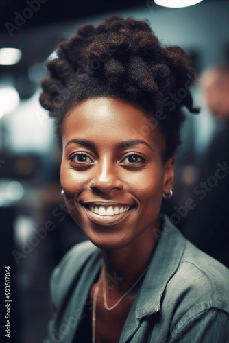 Smiling black business woman portrait waiting in room with work team. generative ai.