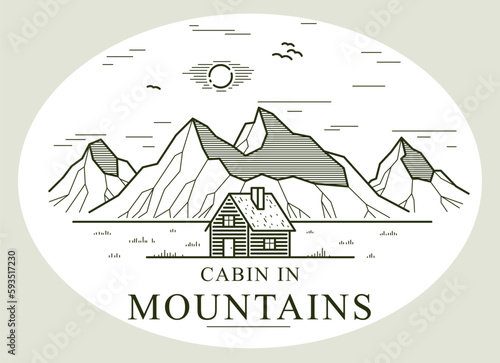 Cabin in mountains linear vector nature emblem isolated on white, log cabin cottage for rest, holidays and vacations theme line art drawing logo, beauty in nature, woodhouse resort.