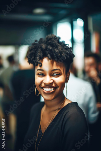 Smiling black business woman portrait waiting in room with work team. generative ai.