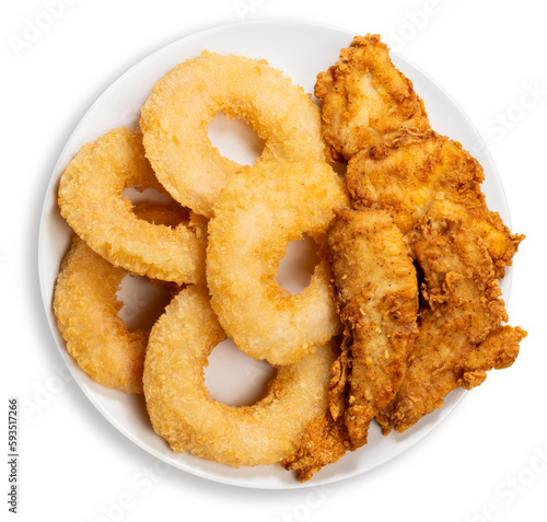 Fried shrimp donut and Crispy Fried Chicken Breast Cutlets in white plate isolated on white background, Fried Chicken and shrimp donut on white With clipping path.