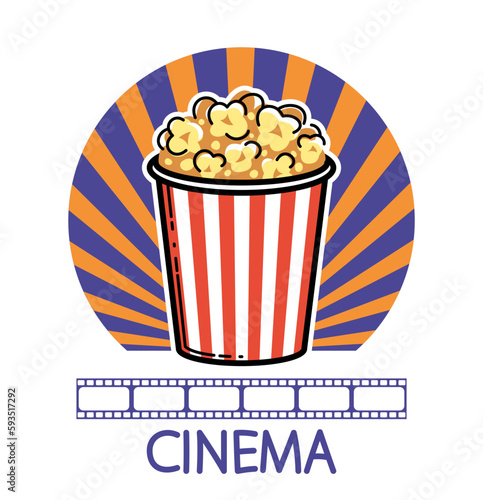 Cinema and movies theme emblem with popcorn vector emblem or illustration isolated on white.