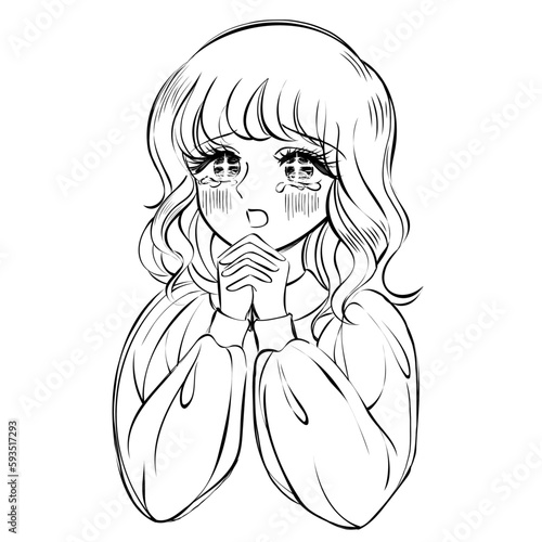 手描き風少女漫画ベクター線画イラスト・お願いポーズ
