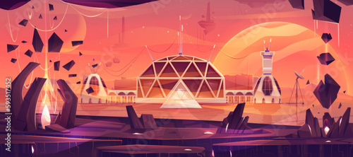 Space colony on Mars planet cartoon landscape. Futuristic alien base station city on desert surface illustration. Futuristic spaceship exploration and colonization game mission scene background.