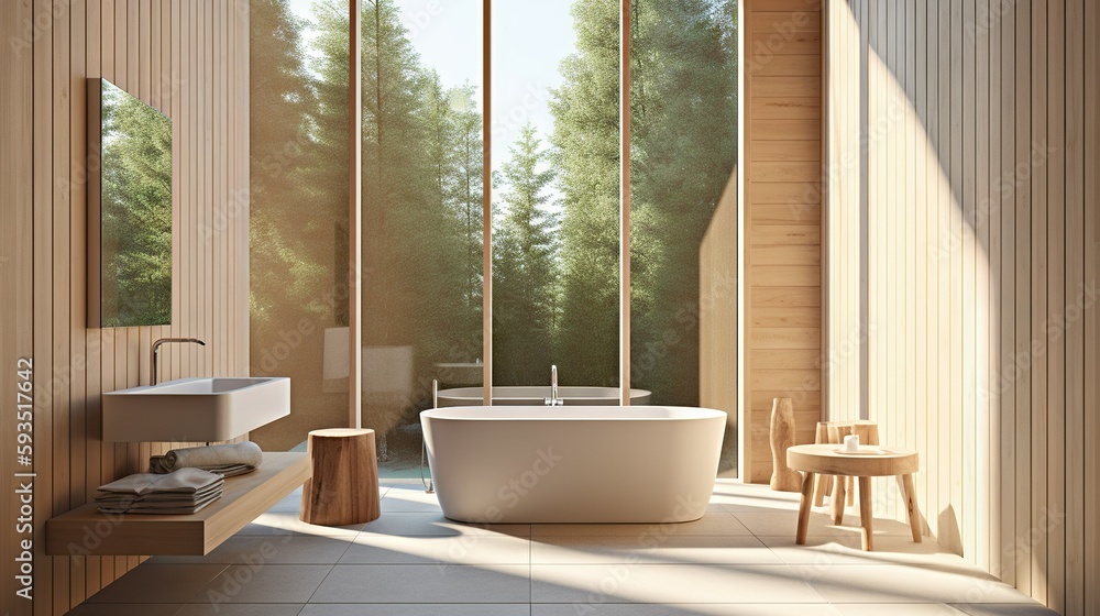 Fototapeta premium Airy Bathroom with Light Wooden Accents and Soft Pastels
