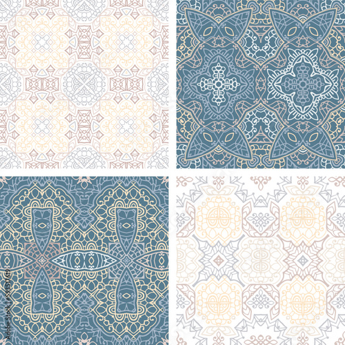 Set of pastel colored seamless tiles, vector ornamental patterns, elegant decorative backgrounds for fabrics, clothing, decoration, home decor, cards and templates, wrapping paper, kids prints.