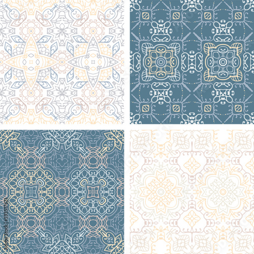 Set of pastel colored seamless tiles, vector ornamental patterns, elegant decorative backgrounds for fabrics, clothing, decoration, home decor, cards and templates, wrapping paper, kids prints.